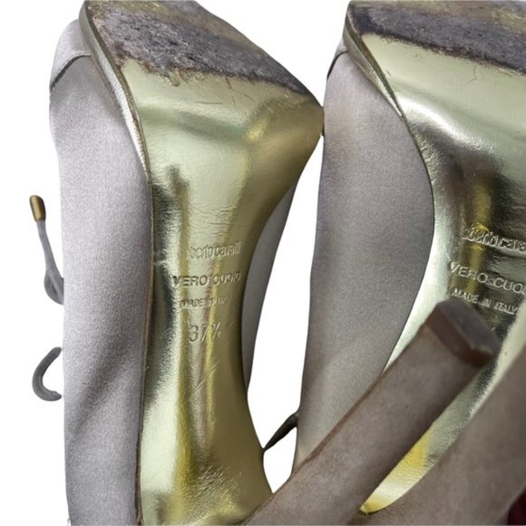 ROBERTO CAVALLI Women's Gold Satin Leather Strappy Lace Up Detail Heels Size37.5 - Picture 11 of 11